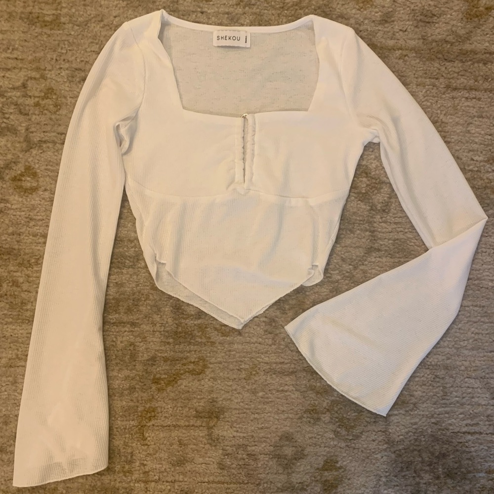 Shekou cropped white bell long sleeve gold detail